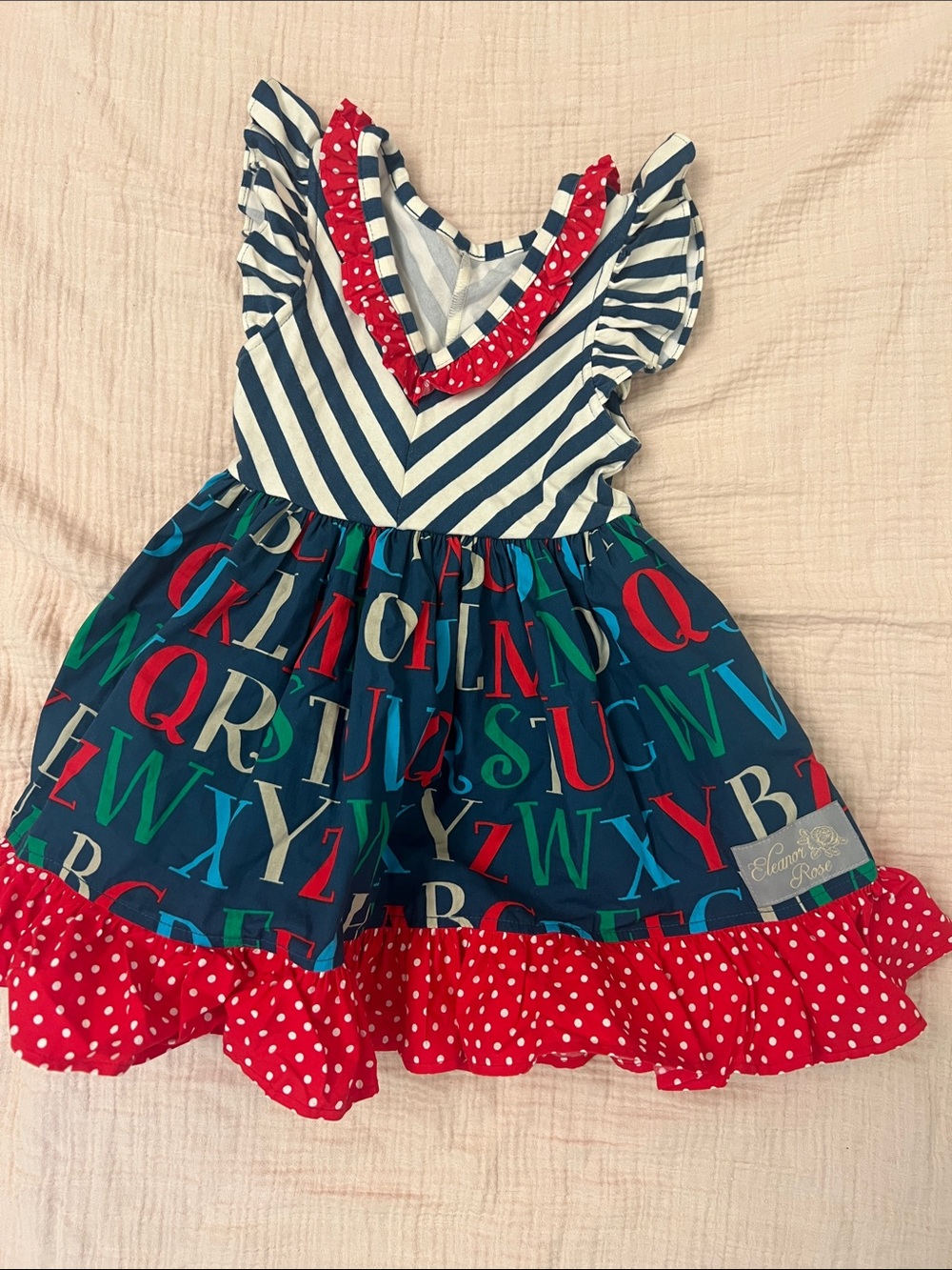 Eleanor Rose Navy Striped & Alphabet Print Dress with Red Polka Trim